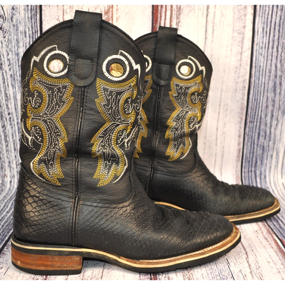 Potrero Western Square Toe Embroidered Leather faux Snakeskin Boots Black Mens 8